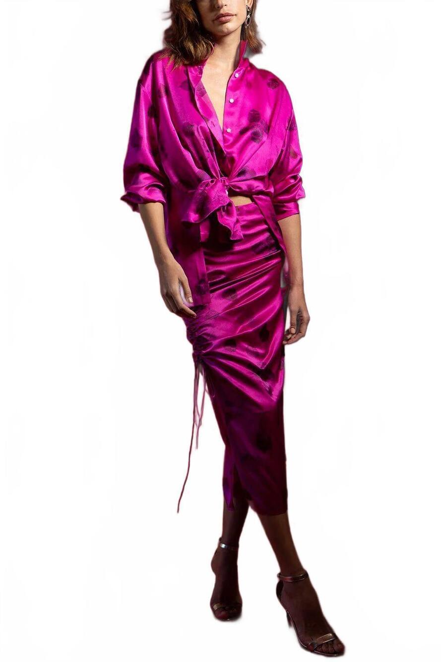 NEW ALEJANDRA ALONSO ROJAS side ruched pencil skirt in fuschia floral
